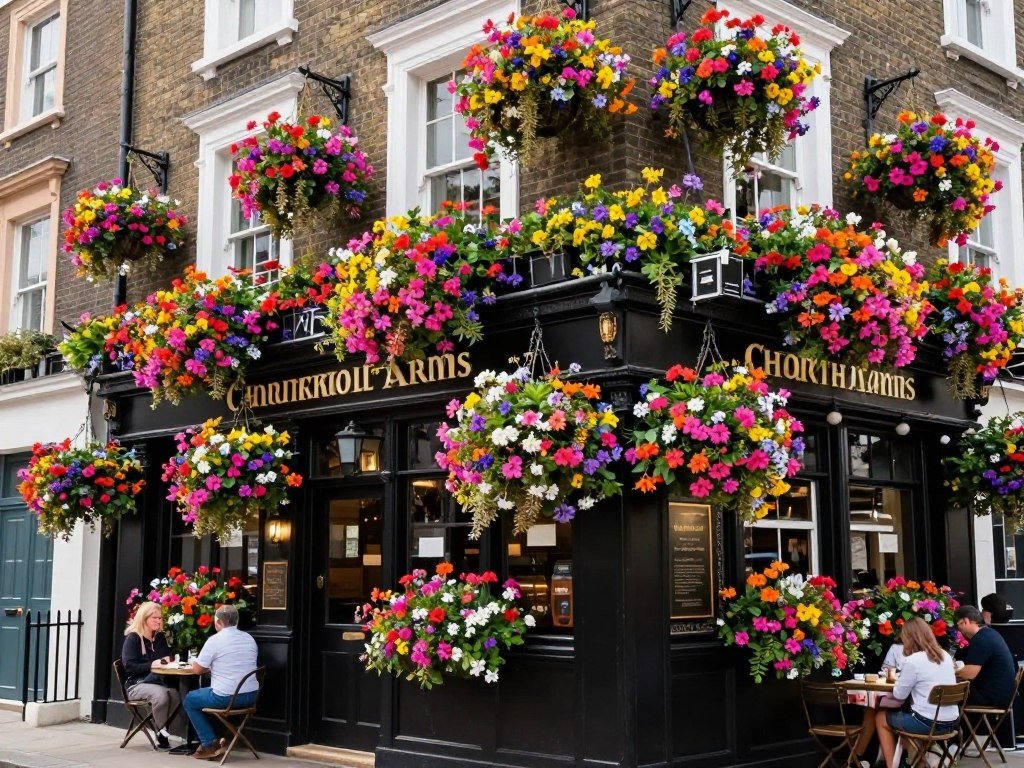 The Churchill Arms pub in Kensington covered in flowers during summer