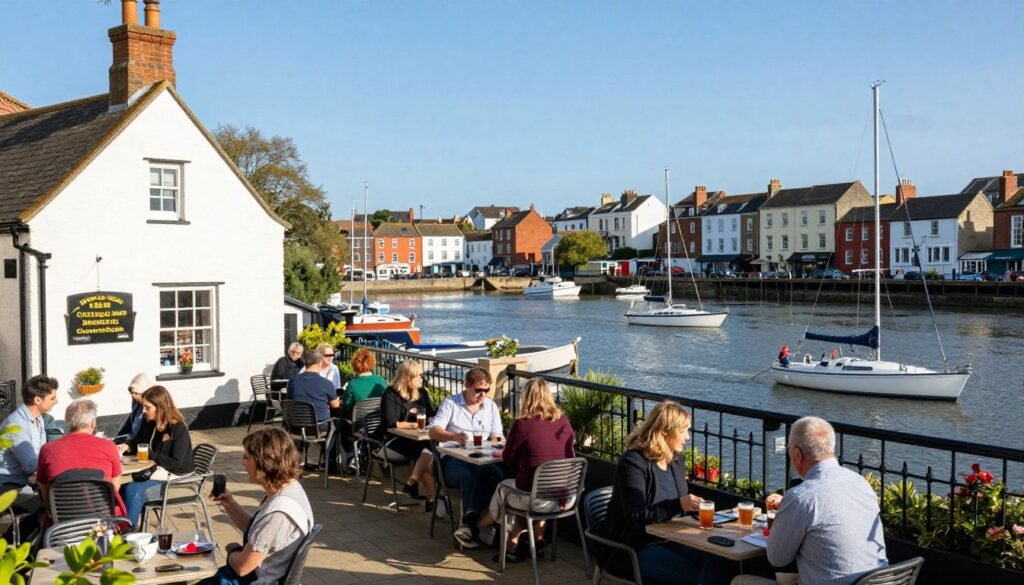 The Cottage Inn's waterside terrace with views across Bristol Harbour
