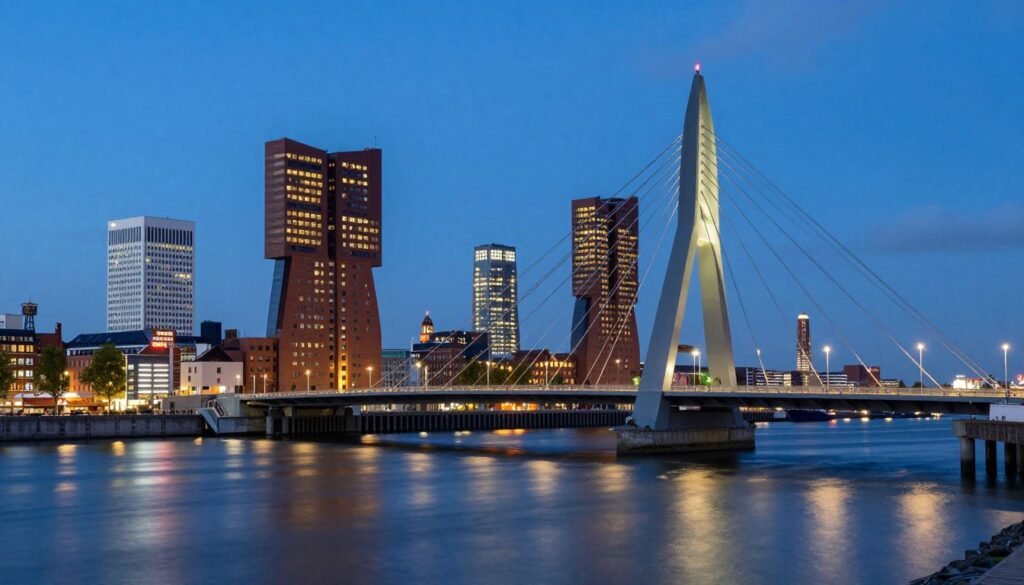 The Best Things to Do in Rotterdam 2 The Erasmus Bridge in Rotterdam illuminated at night with the city skyline