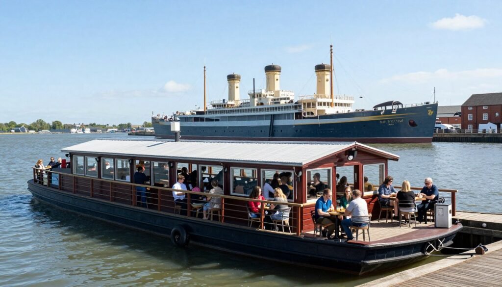 The Grain Barge floating pub with views across to the SS Great Britain