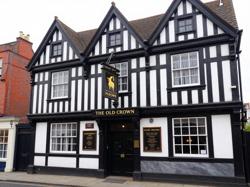The Old Crown pub in Digbeth, one of Birmingham's oldest pubs with Tudor-style black and white facade