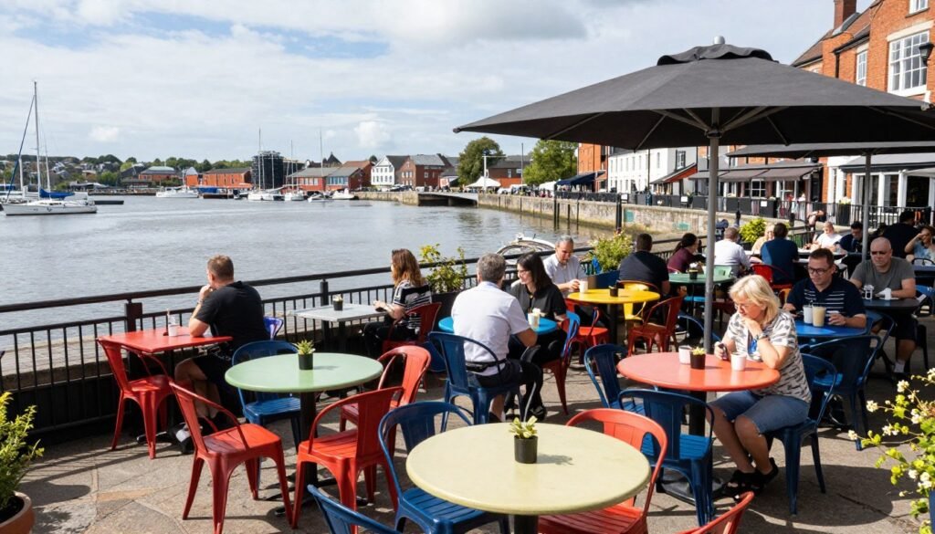 The Ostrich pub's expansive outdoor seating area overlooking Bristol Harbour