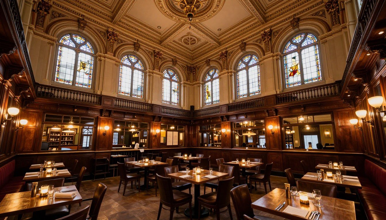 The Philharmonic Dining Rooms in Liverpool with ornate Victorian interior featuring wooden panels and decorative ceiling