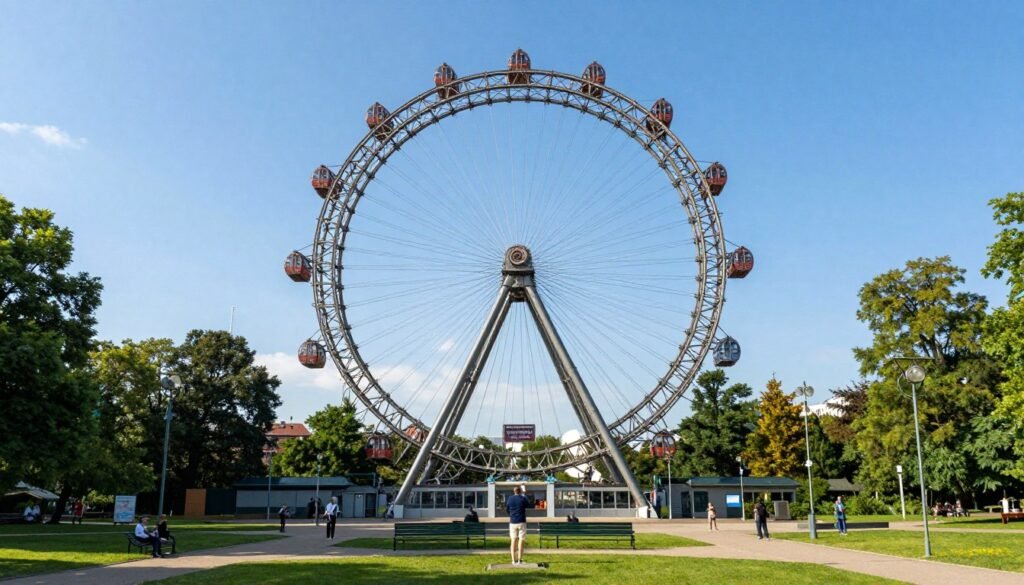 The Prater park in Vienna with its famous Giant Ferris Wheel against a blue sky