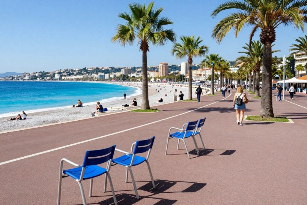 The Promenade des Anglais with its iconic blue chairs and palm trees along the Mediterranean Sea - things to do in Nice