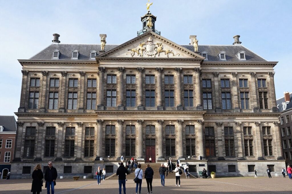 The Royal Palace on Dam Square in Amsterdam with tourists gathering in front - things to do in Amsterdam