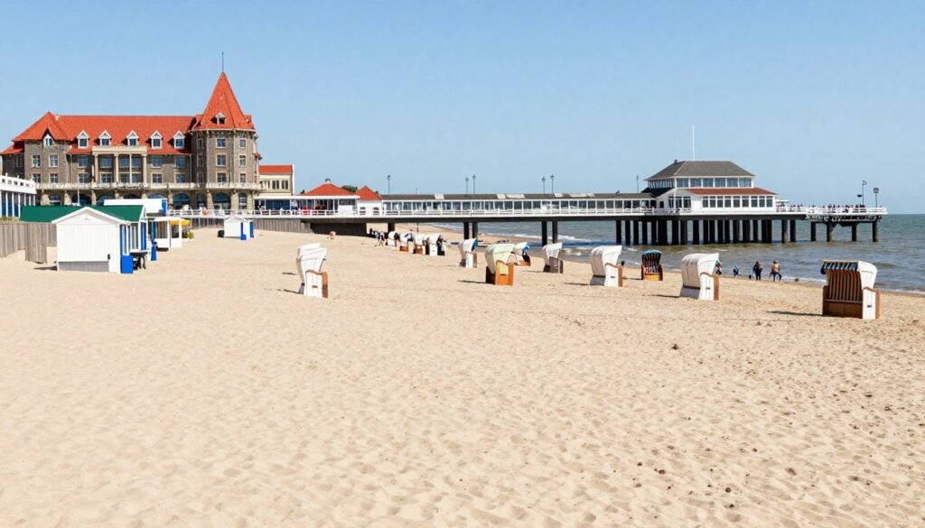 The Scheveningen Pier and beach in The Hague, Netherlands, with the iconic Kurhaus hotel visible in the background