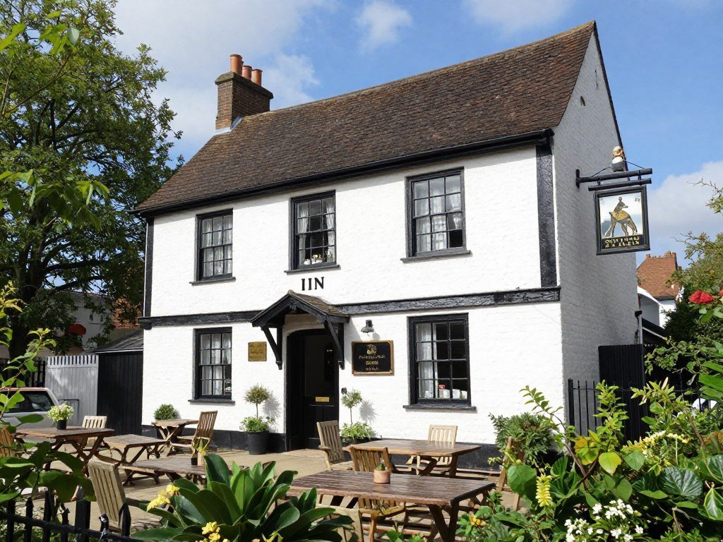 The Spaniards Inn exterior with its historic facade and garden seating area