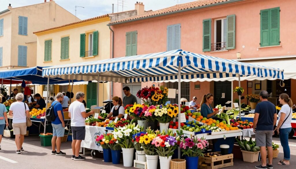 The colorful Cours Saleya market with flower and produce stalls under striped awnings - things to do in Nice