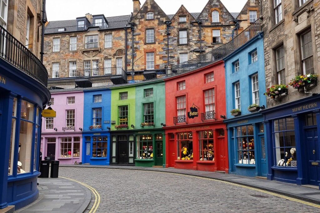 The colorful curved shopfronts of Victoria Street, believed to have inspired Diagon Alley in Harry Potter