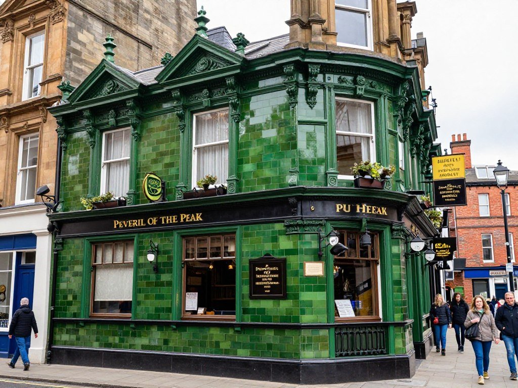 The Best Pubs in Manchester 2026 1 The distinctive green-tiled exterior of Peveril of the Peak, one of the best pubs in Manchester
