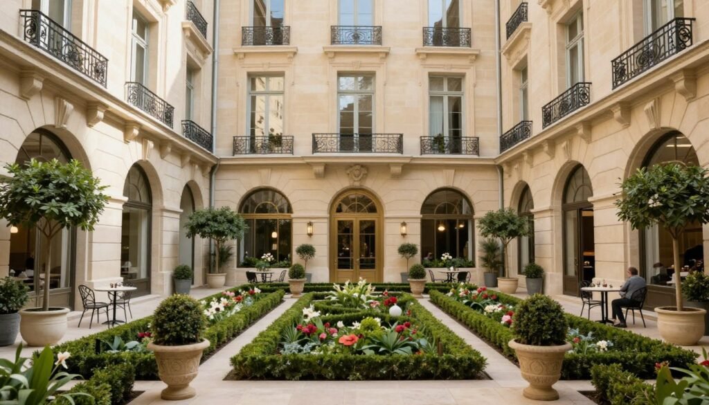 The elegant courtyard garden of Le Bristol Paris hotel with manicured greenery and classic architecture