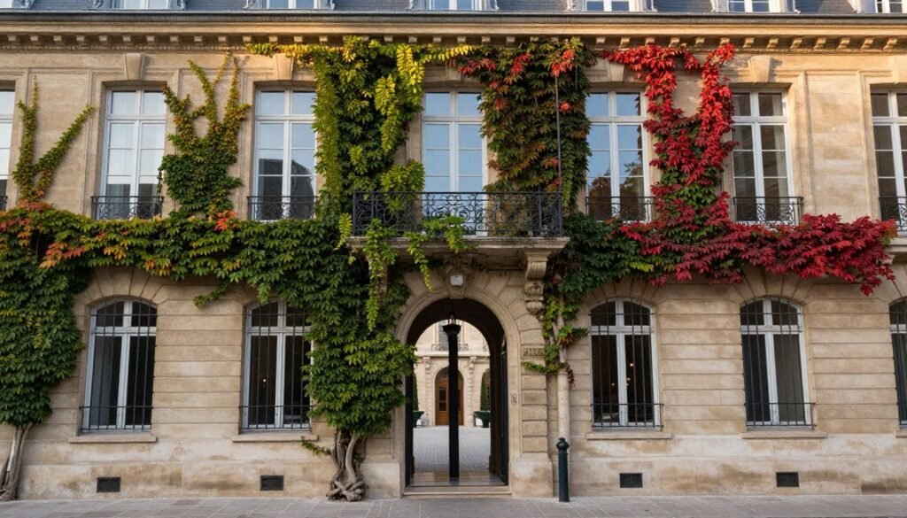 The elegant façade of Pavillon de la Reine hotel in Place des Vosges with its ivy-covered entrance