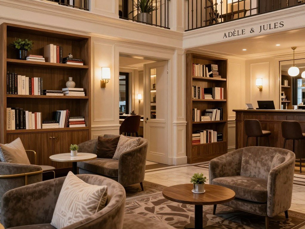 The elegant lobby of Adèle and Jules hotel in Paris with its stylish decor