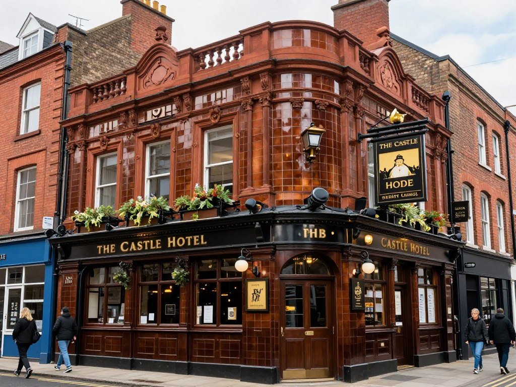 The Best Pubs in Manchester 2026 4 The exterior of The Castle Hotel in Manchester's Northern Quarter with its distinctive tiled facade