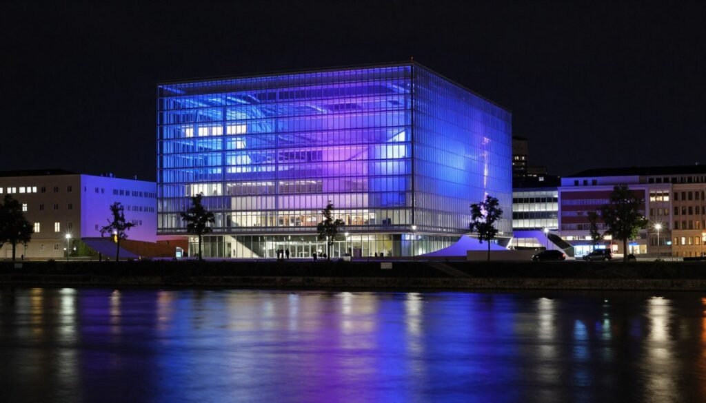 The Best Things to Do in Linz 1 The futuristic Ars Electronica Center illuminated at night along the Danube River in Linz