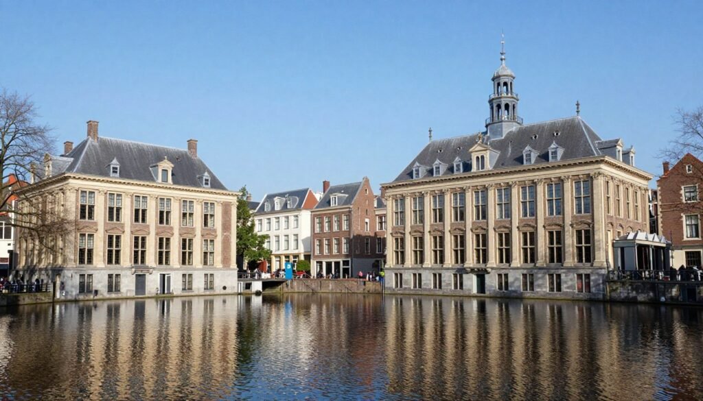 The historic Binnenhof complex in The Hague, Netherlands, with its Gothic architecture reflected in the Hofvijver pond