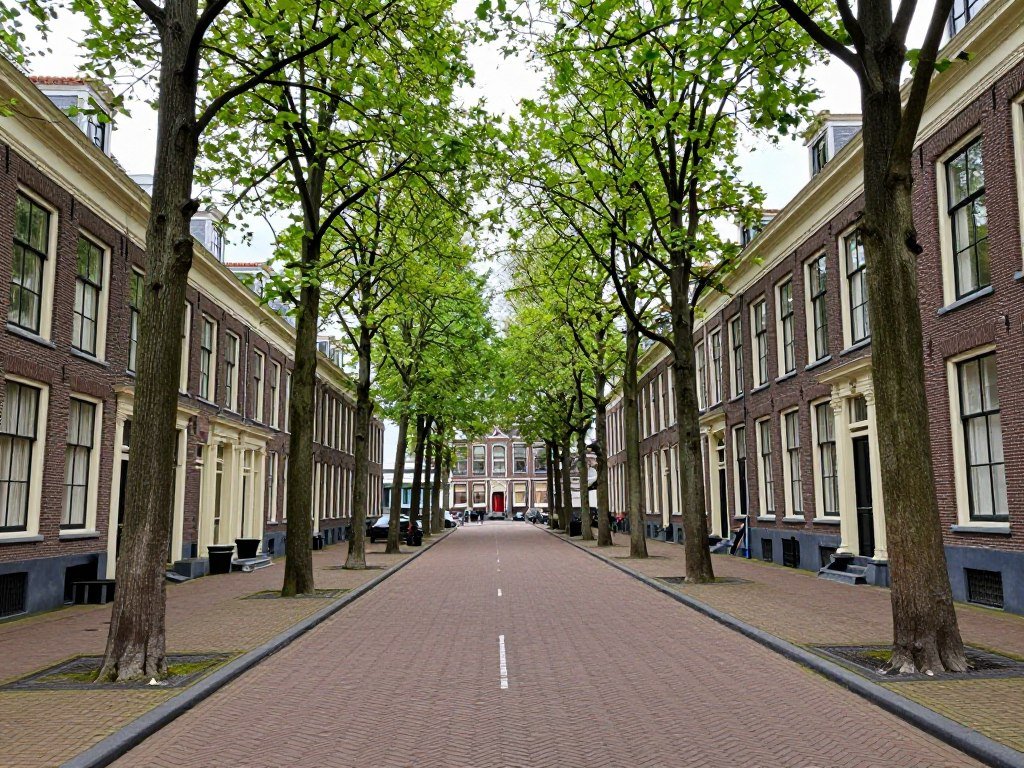 The historic Lange Voorhout avenue in The Hague with its elegant buildings and trees, what is The Hague famous for