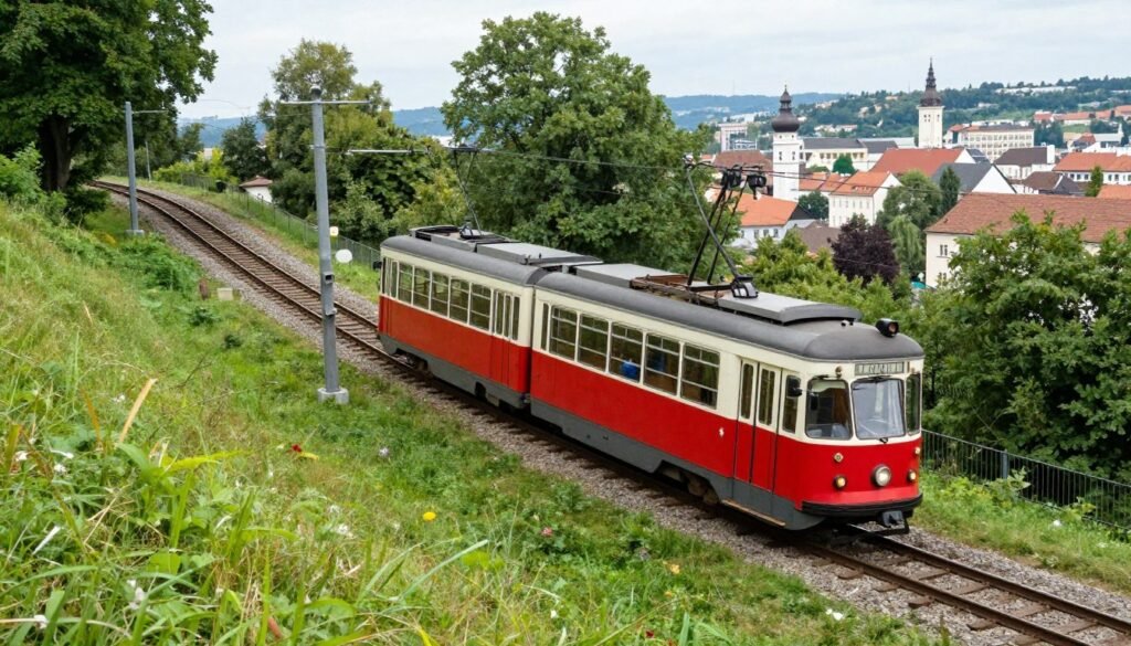 The Best Things to Do in Linz 10 The historic Pöstlingbergbahn tram climbing up to Pöstlingberg hill in Linz