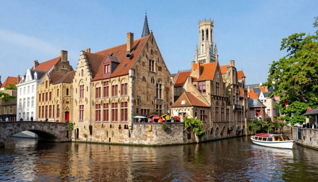 The historic canals and medieval architecture of Bruges, a popular day trip from Antwerp