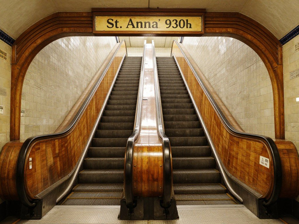 The historic wooden escalators in St. Anna's Tunnel in Antwerp