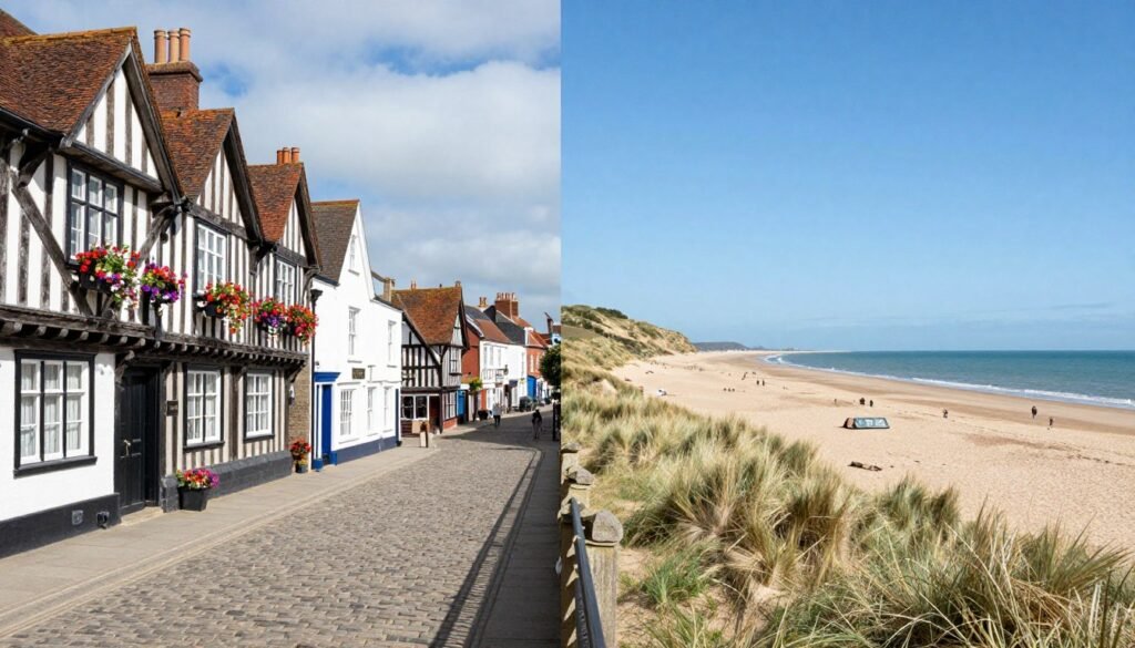 The medieval cobbled streets of Rye and sandy beaches of Camber Sands, a charming day trip from London England
