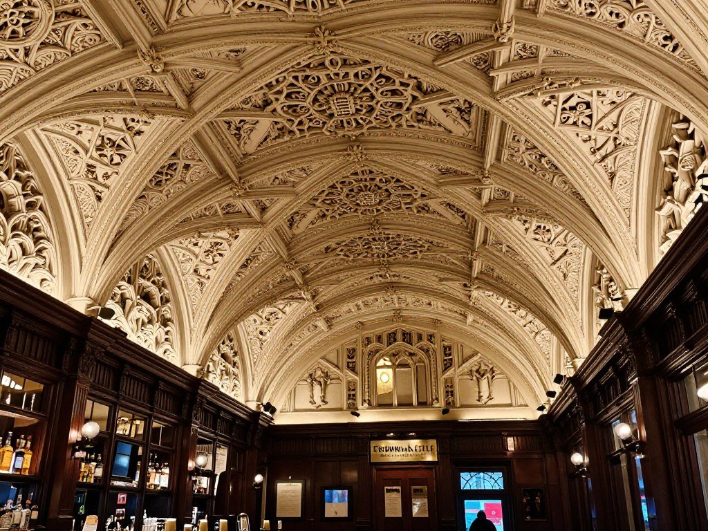 The Best Pubs in Manchester 2026 6 The ornate Gothic ceiling of The Crown and Kettle pub in Manchester