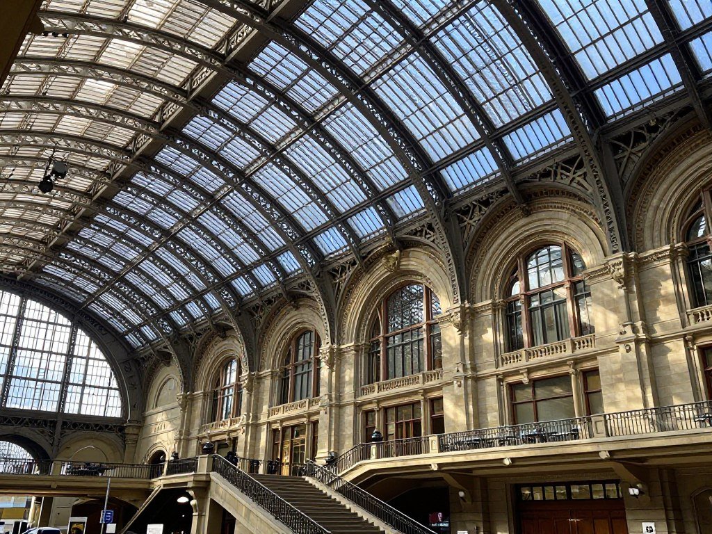 The ornate interior of Antwerp Central Station with its impressive dome and architecture