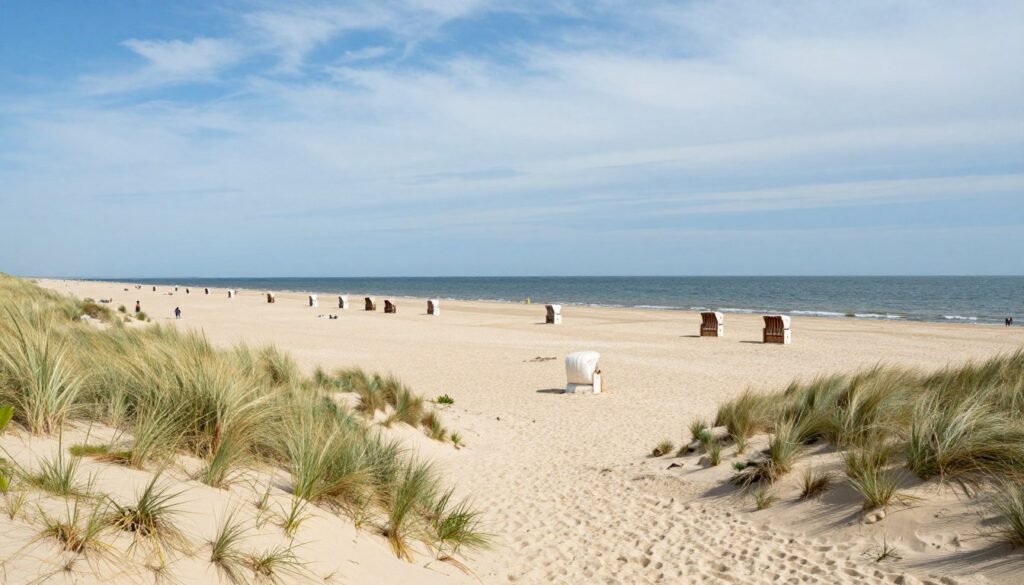 The peaceful Kijkduin beach surrounded by sand dunes with beach houses in the distance