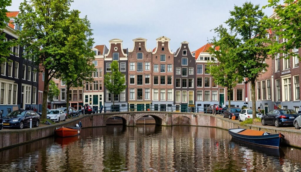 The picturesque Bakenessergracht canal in Haarlem with historic houses and reflections