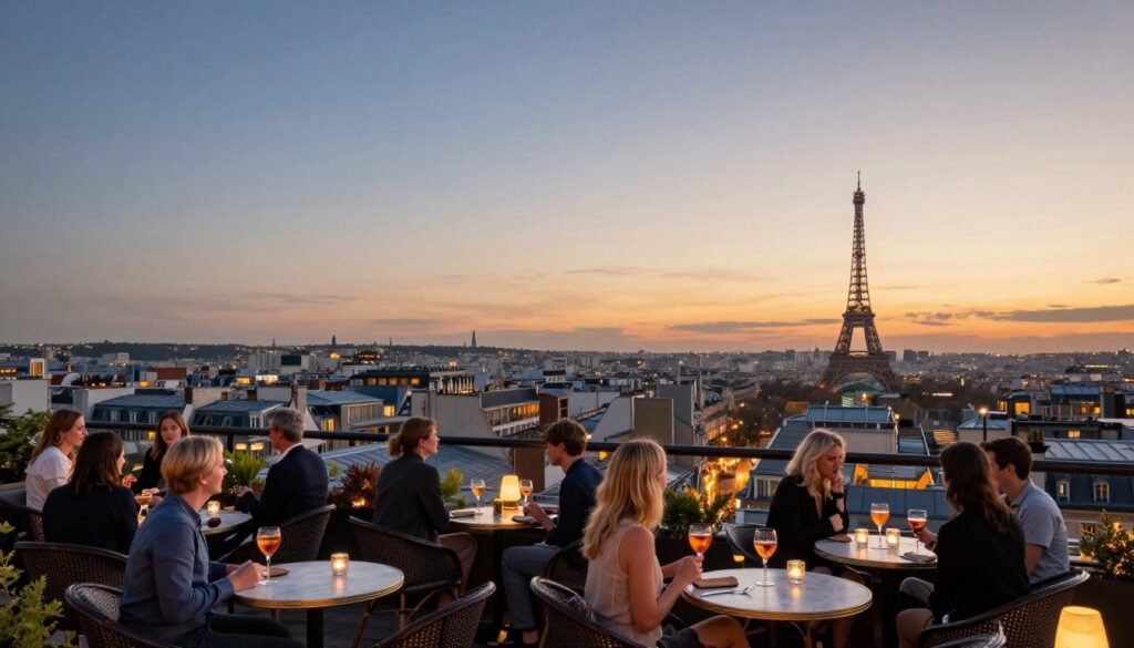 The rooftop terrace at Hôtel Dame des Arts with panoramic views of Paris and the Eiffel Tower