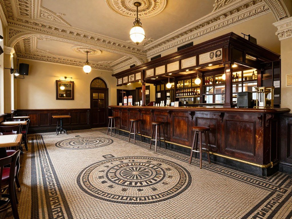 The Best Pubs in Manchester 2026 3 The sloped mosaic floor and ornate ceiling of The Marble Arch, one of the best pubs in Manchester