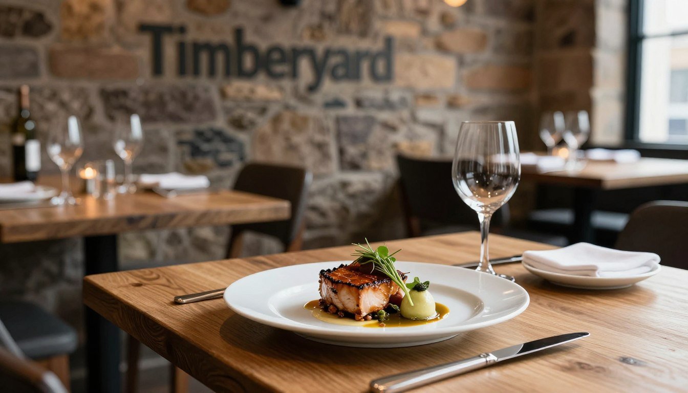 Timberyard restaurant in Edinburgh with rustic interior and elegant plating of Michelin-quality food