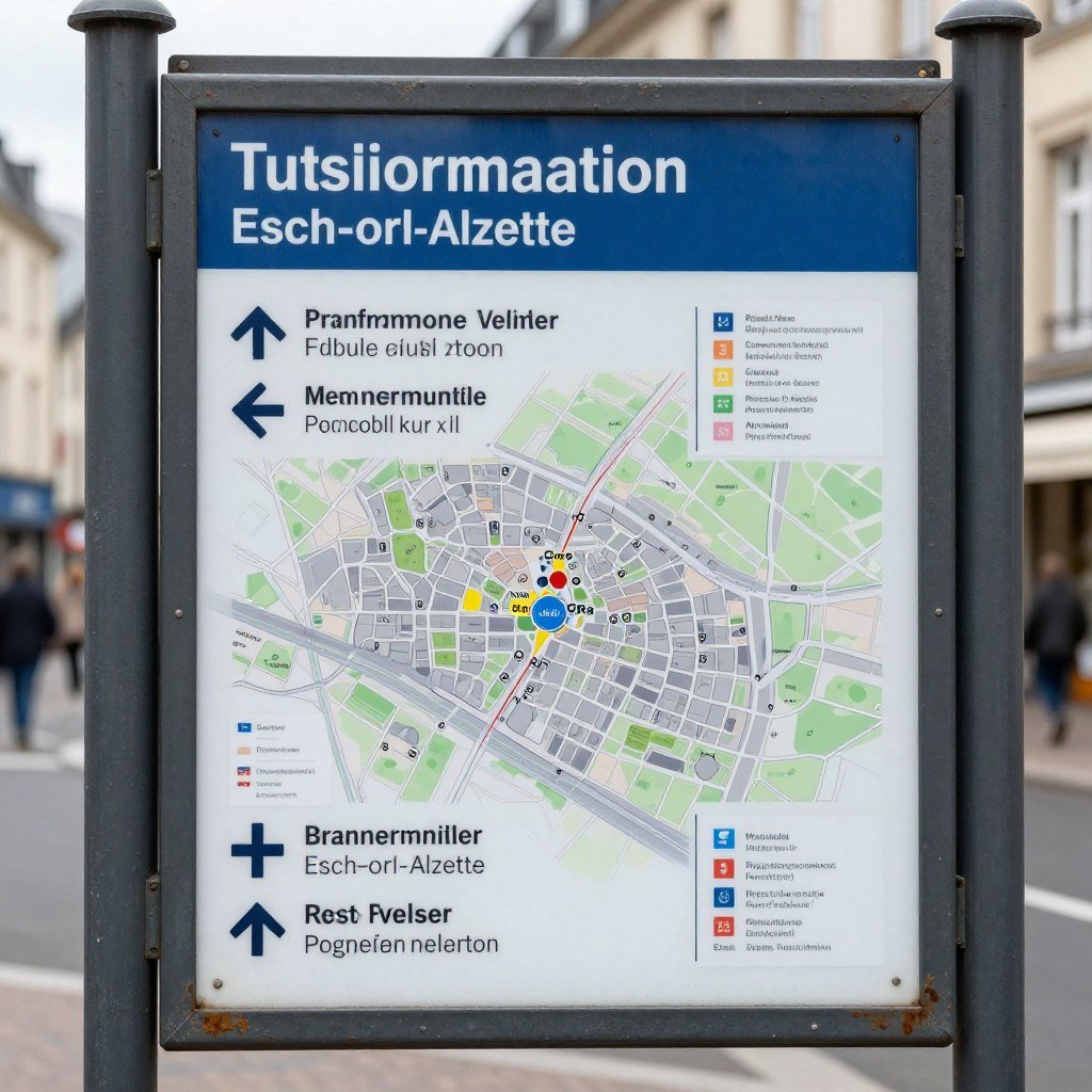 Tourist information sign in Esch-sur-Alzette old town with map and directions