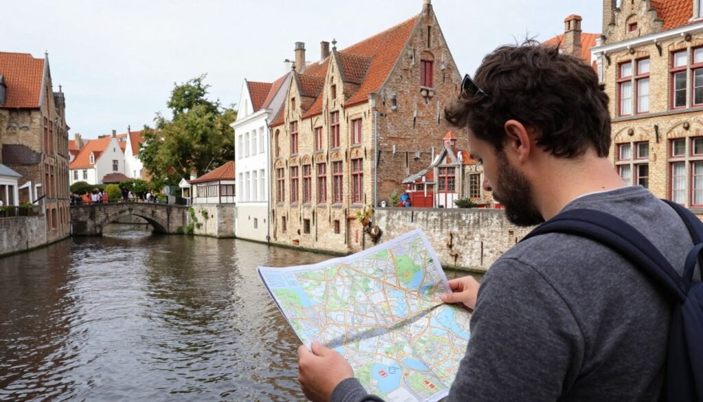 Tourist looking at a map of Bruges near historic buildings and canals