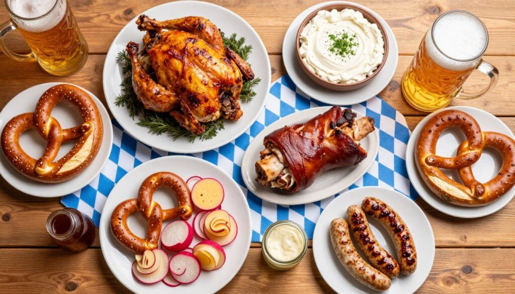 Traditional Bavarian food platters on beer garden table