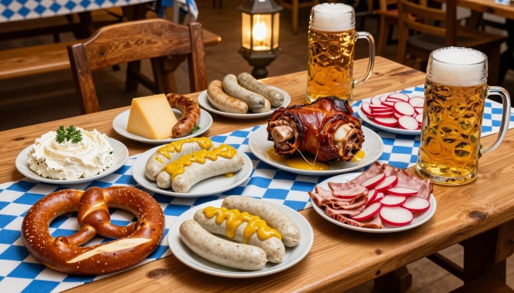 Traditional Bavarian food spread with beer steins in beer hall