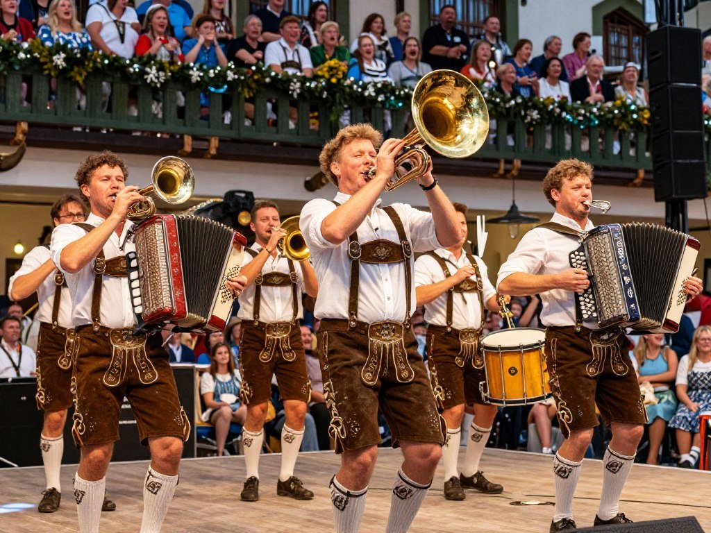 Traditional Bavarian oompah band performing in beer hall