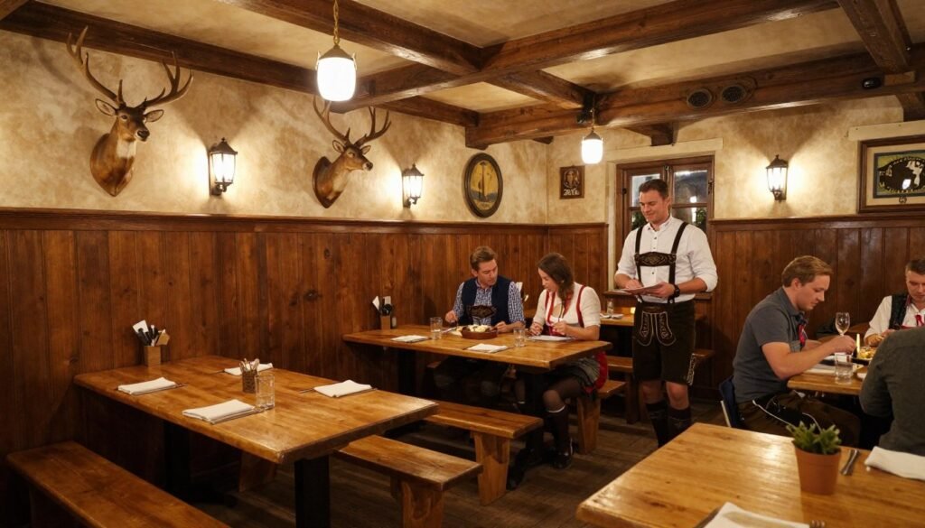 Traditional Bavarian restaurant interior with wood decor