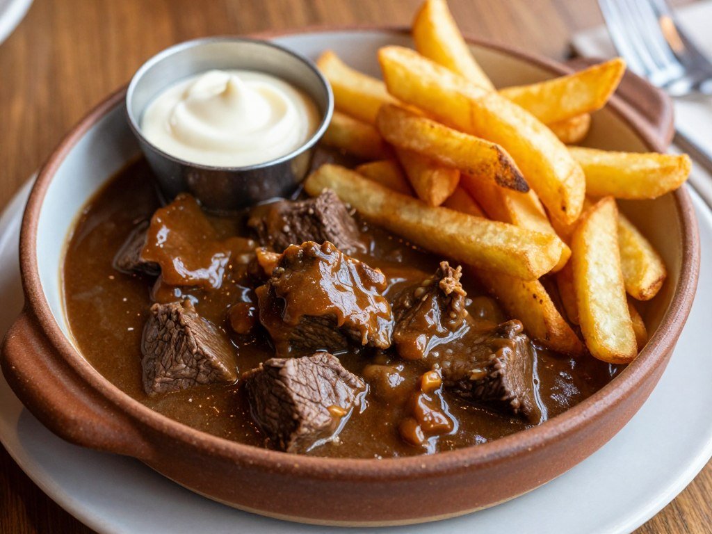 Traditional Belgian beef stew (stoofvlees) served with frites and mayonnaise at a restaurant in Antwerp