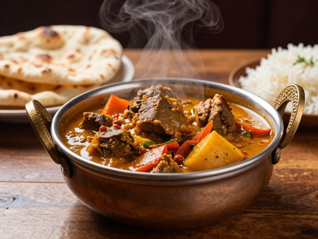 Traditional Birmingham Balti dish being served in a steel balti bowl