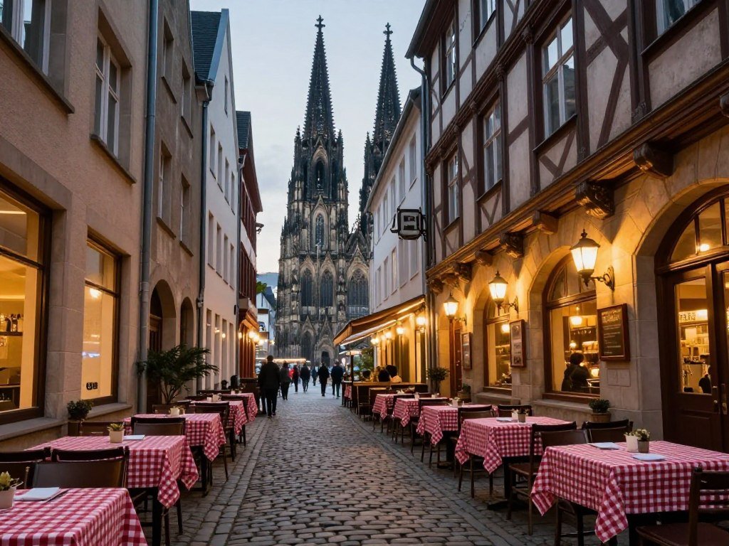 Traditional Cologne Old Town alley with restaurant outdoor seating and cathedral view
