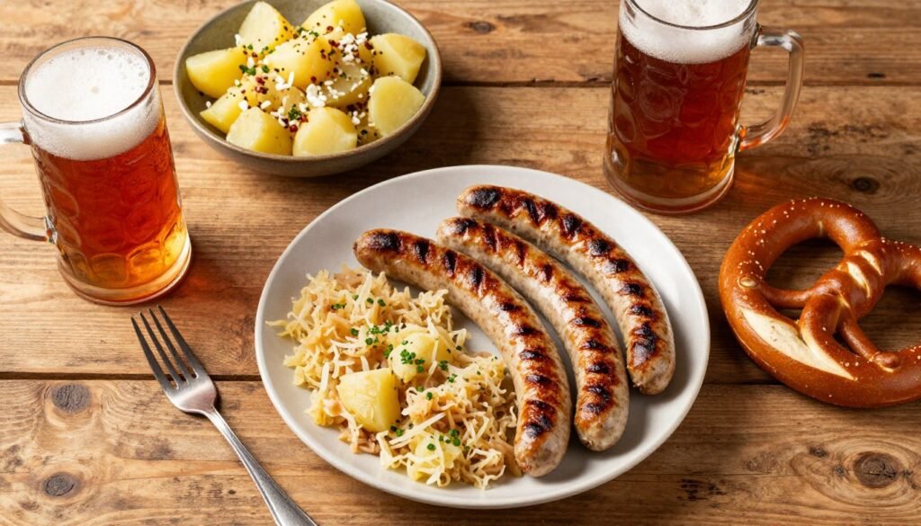 The Best Restaurants in Nuremberg 32 Traditional Franconian food spread with bratwurst, potato salad, and red beer