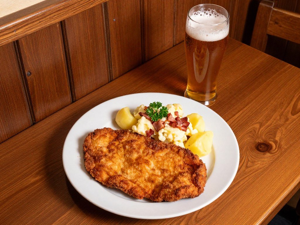 Traditional German schnitzel with potato salad served in a classic Cologne Brauhaus