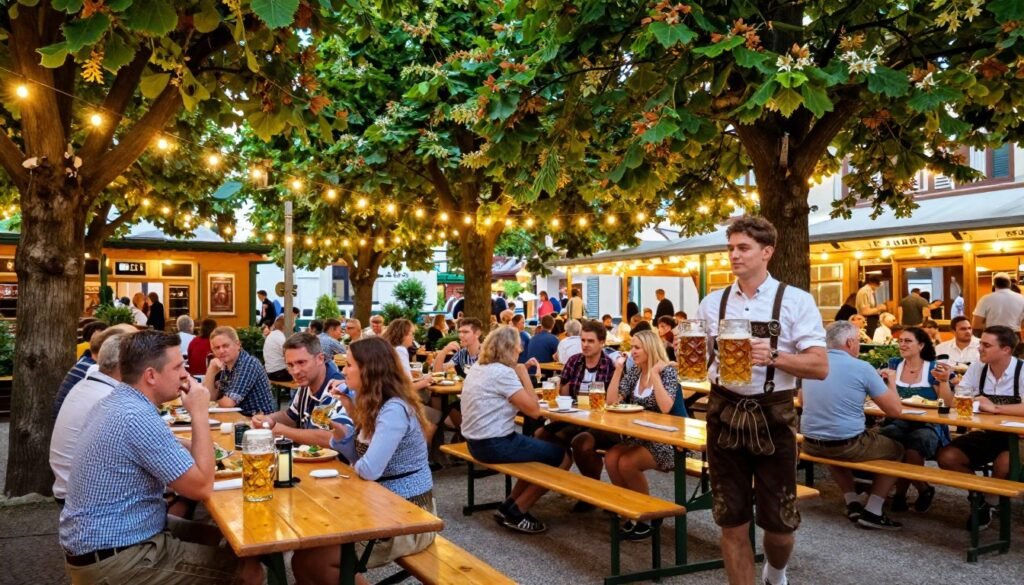 Traditional Munich beer garden with chestnut trees and crowds