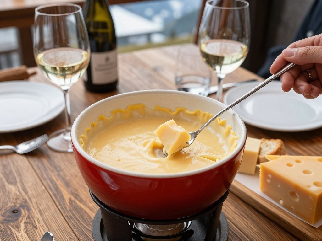 Traditional Swiss cheese fondue in pot with bread cubes