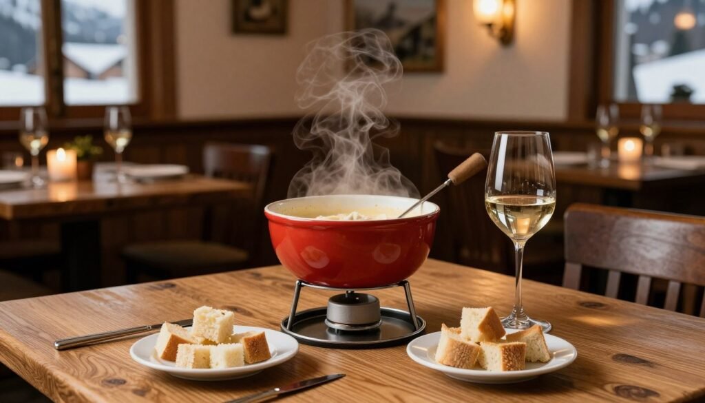 Traditional Swiss cheese fondue in restaurants in Balzers setting