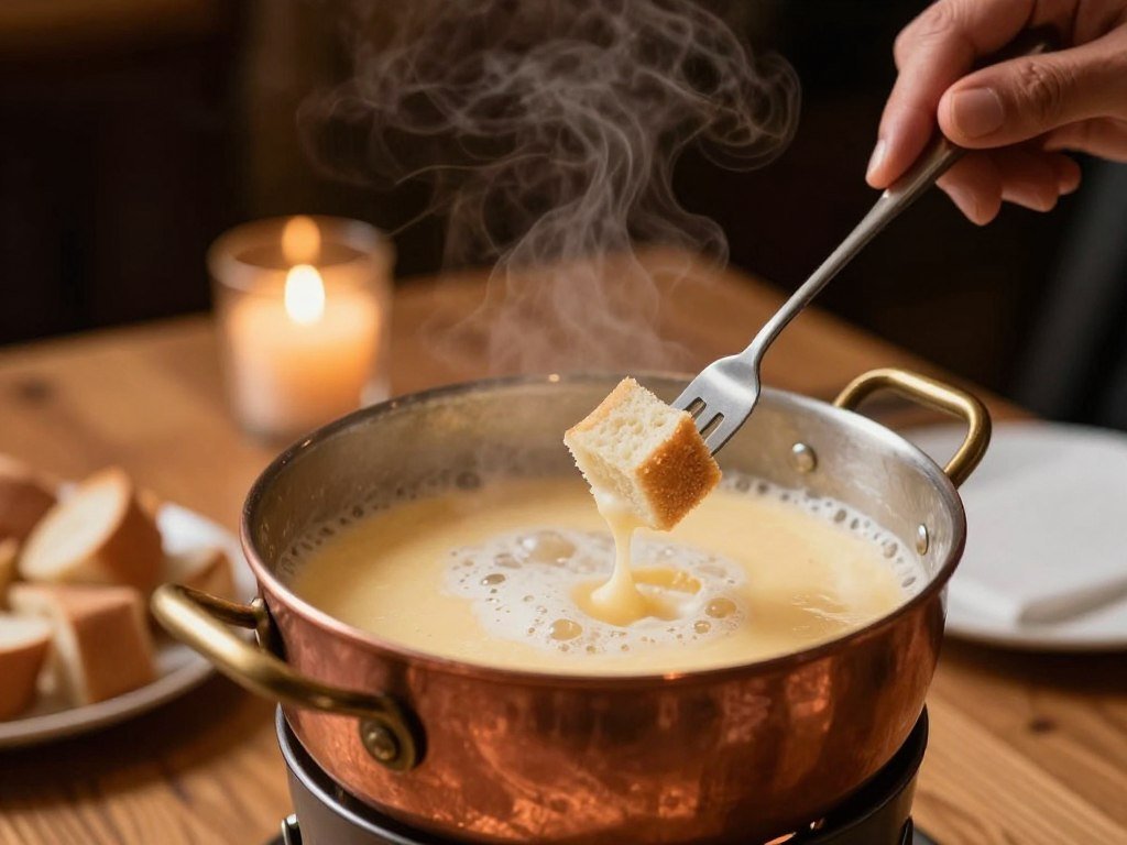 Traditional Swiss fondue being prepared in authentic Geneva restaurant