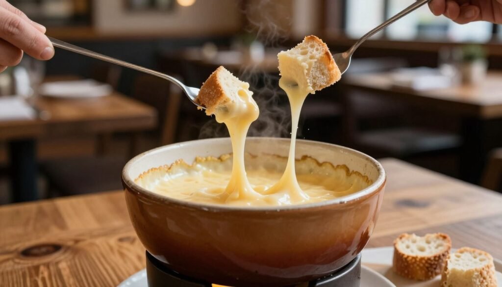 Traditional Swiss fondue being served in ceramic pot with bread cubes