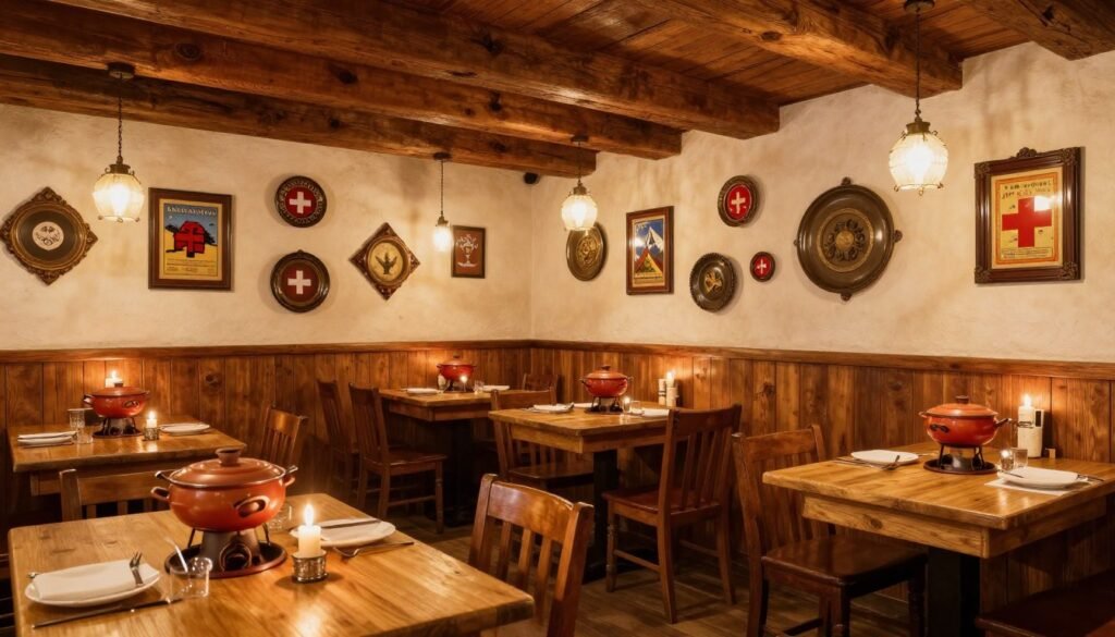 Traditional Swiss restaurant interior with alpine decor